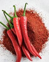 Fresh a pile of Cayenne pepper against a white background photo