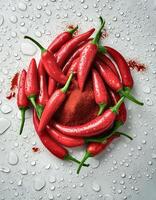 Fresh a pile of Cayenne pepper against a white background photo