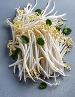 Creative food concept. Fresh a pile of Bean Sprouts against a white background photo