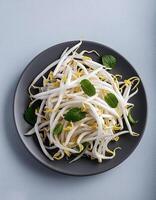 Creative food concept. Fresh a pile of Bean Sprouts against a white background photo