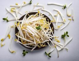 Creative food concept. Fresh a pile of Bean Sprouts against a white background photo