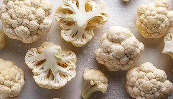 food concept. Fresh a pile of Halved cauliflower against a white background photo