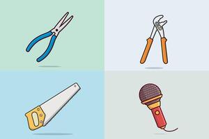 Set of Mechanic Working tools illustration. Pliers, Coping Saw, Cutting Pliers and Adjustable Water Pump Pliers tool design. Interior repairing service, working tools icon design. vector