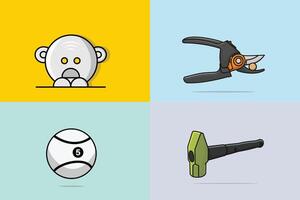 Collection of Robot, Ball with Carpenter Hammer with Ax, Hammer and Cable Cutter working elements collection illustration. Gardening and Construction working tools object icon concept. vector