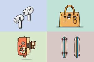 Collection of Cine Digital Camera, Board, Bluetooth, and Bag illustrations. vector