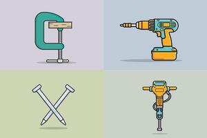 Collection of Construction, Carpenter Working and Safety Tools illustration. Drill and Electric Jackhammer, Fire Water Hydrant and Clamp Compression working elements design. vector