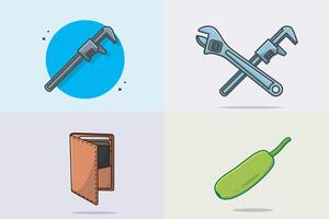 Collection of Adjustable wrench and Pipe Wrench tool with Wallet and vegetables illustration. Mechanic and Plumber working tool equipment icon concept. vector
