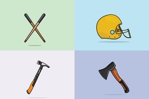 Collection of Helmet with Carpenter Hammer with Ax, Hammer and Cable Cutter working elements collection illustration. Gardening and Construction working tools object icon concept. vector