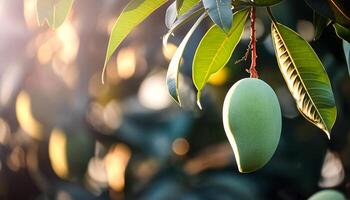 Sweet green mango fruit still hanging on the tree photo