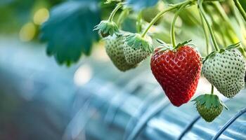 Sweet hundreds of strawberries fruit still hanging on the tree photo