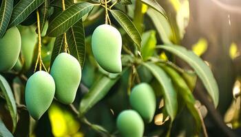 Sweet green mango fruit still hanging on the tree photo