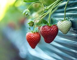 Sweet hundreds of strawberries fruit still hanging on the tree photo