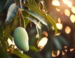 Sweet green mango fruit still hanging on the tree photo