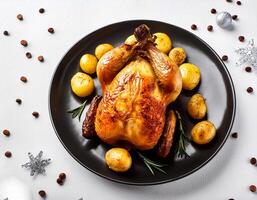 Creative food concept. Roasted chicken with potatoes on dark plate. Close-up. Top-view. against a white background.-Roasted chicken It's a golden brown color that's freshly baked. mock up. photo