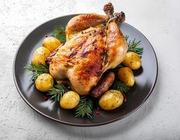 Creative food concept. Roasted chicken with potatoes on dark plate. Close-up. Top-view. against a white background.-Roasted chicken It's a golden brown color that's freshly baked. mock up. photo