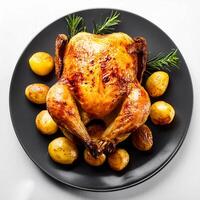 Creative food concept. Roasted chicken with potatoes on dark plate. Close-up. Top-view. against a white background.-Roasted chicken It's a golden brown color that's freshly baked. mock up. photo