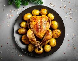 Creative food concept. Roasted chicken with potatoes on dark plate. Close-up. Top-view. against a white background.-Roasted chicken It's a golden brown color that's freshly baked. mock up. photo