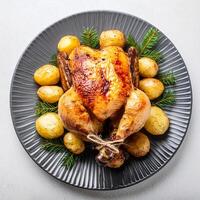 Creative food concept. Roasted chicken with potatoes on dark plate. Close-up. Top-view. against a white background.-Roasted chicken It's a golden brown color that's freshly baked. mock up. photo