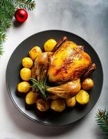Creative food concept. Roasted chicken with potatoes on dark plate. Close-up. Top-view. against a white background.-Roasted chicken It's a golden brown color that's freshly baked. mock up. photo