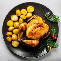 Creative food concept. Roasted chicken with potatoes on dark plate. Close-up. Top-view. against a white background.-Roasted chicken It's a golden brown color that's freshly baked. mock up. photo