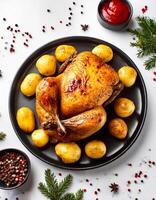 Creative food concept. Roasted chicken with potatoes on dark plate. Close-up. Top-view. against a white background.-Roasted chicken It's a golden brown color that's freshly baked. mock up. photo