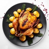 Creative food concept. Roasted chicken with potatoes on dark plate. Close-up. Top-view. against a white background.-Roasted chicken It's a golden brown color that's freshly baked. mock up. photo