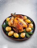 Creative food concept. Roasted chicken with potatoes on dark plate. Close-up. Top-view. against a white background.-Roasted chicken It's a golden brown color that's freshly baked. mock up. photo