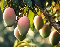 Sweet green mango fruit still hanging on the tree photo
