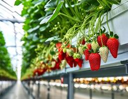 Sweet hundreds of strawberries fruit still hanging on the tree photo