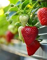 Sweet hundreds of strawberries fruit still hanging on the tree photo