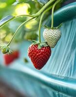 Sweet hundreds of strawberries fruit still hanging on the tree photo