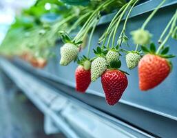 Sweet hundreds of strawberries fruit still hanging on the tree photo