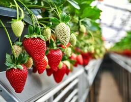 Sweet hundreds of strawberries fruit still hanging on the tree photo