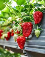 Sweet hundreds of strawberries fruit still hanging on the tree photo