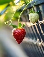Sweet hundreds of strawberries fruit still hanging on the tree photo
