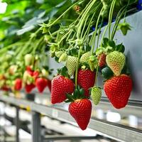 Sweet hundreds of strawberries fruit still hanging on the tree photo