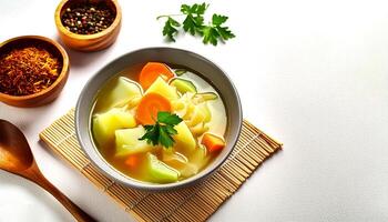 Top view of Sop Sayur or Indonesian vegetable soup, made from carrots, cabbage and potatoes. photo