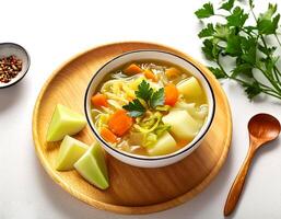 Top view of Sop Sayur or Indonesian vegetable soup, made from carrots, cabbage and potatoes. photo
