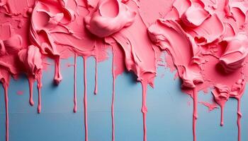 Abstract pink oil paint texture on blue canvas or wall. Minimalistic background with copy space. photo
