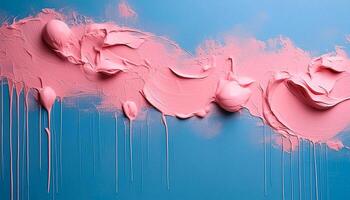 Abstract pink oil paint texture on blue canvas or wall. Minimalistic background with copy space. photo