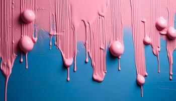 Abstract pink oil paint texture on blue canvas or wall. Minimalistic background with copy space. photo