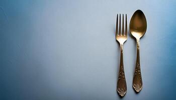 spoon and fork kept on white background. ready to eat concept. flat lay background concept photo