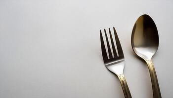 spoon and fork kept on white background. ready to eat concept. flat lay background concept photo