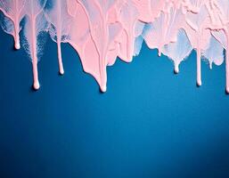 Abstract pink oil paint texture on blue canvas or wall. Minimalistic background with copy space. photo