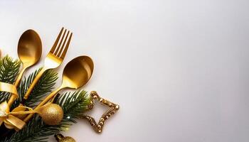 spoon and fork kept on white background. ready to eat concept. flat lay background concept photo