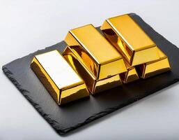 Gold bars ingot isolated on white background. flat lay background concept with copy space. photo