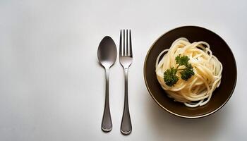 spoon and fork kept on white background. ready to eat concept. flat lay background concept photo