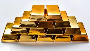 Gold bars ingot isolated on white background. flat lay background concept with copy space. photo