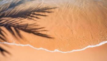 empty abstract sand beach with palm leaf shadow and transparent water wave from above, blank background banner for travel, vacation and wellbeing with copy space. top of views, aerial views. photo