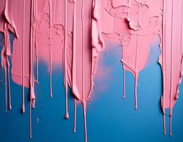 Abstract pink oil paint texture on blue canvas or wall. Minimalistic background with copy space. photo